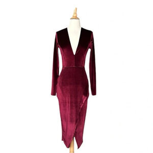 CLUB L‎ Burgundy Velvet MIDI Dress Plunging Neck Faux Wrap US Size 8